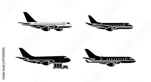 Black and White Airplane Silhouettes Representing Air Travel and Transportation.