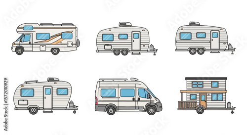 Collection of Recreational Vehicles: RVs Trailers and Tiny House on Wheels.