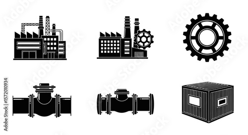 Industrial Black Silhouettes: Factory Gear Pipes and Container Icons.