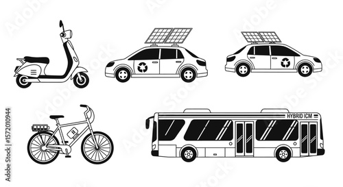 Eco-Friendly Transportation: Scooter Solar Cars Electric Bike Hybrid Bus Line Art.
