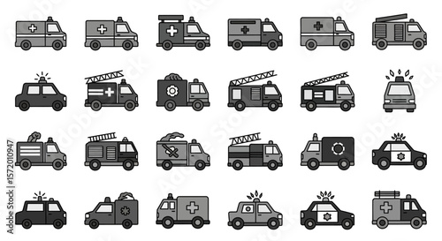 Collection of Emergency Vehicles: Ambulance Fire Truck and Police Car Icons.
