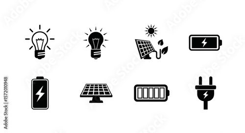Set of Black Energy Icons: Lightbulb Solar Panel Battery and Plug.