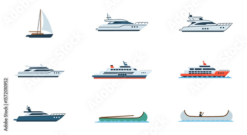 Collection of Flat Style Watercraft Including Sailboat Yacht Ferry and Canoe.