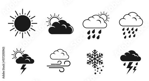 Black and White Weather Icons Depicting Various Atmospheric Conditions.