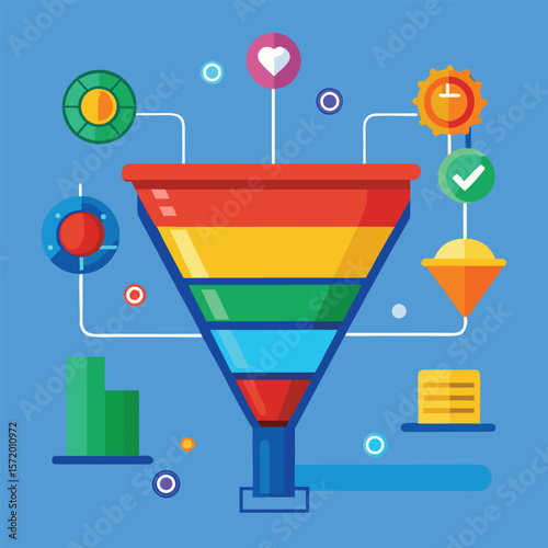 Colorful marketing funnel diagram depicting customer journey and conversion process for business growth.