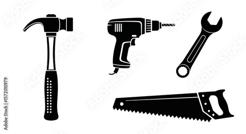Black and White Construction Tools: Hammer Drill Wrench and Saw.