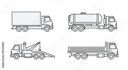 Collection of Four Line-Art Trucks: Box Truck Tanker Tow Truck and Flatbed.