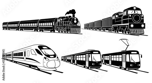 Black and White Silhouettes of Various Train Types.