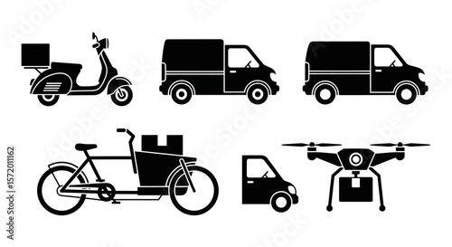 Black Silhouette Icons of Delivery Vehicles: Scooter Van Cargo Bike and Drone.