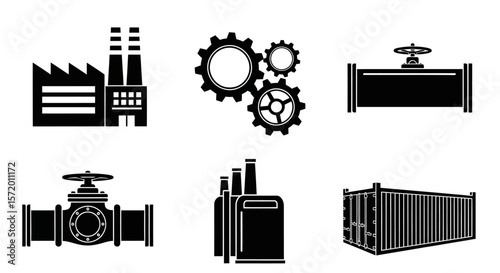 Black and White Factory Silhouette with Smokestacks and Sawtooth Roof.