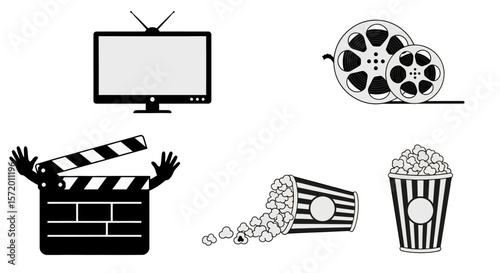 Black and White Movie Night Icons: TV Film Reels Clapperboard and Popcorn.