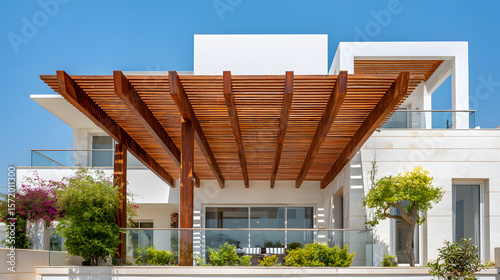 Modern Architectural Home with Wooden Pergola and Lush Greenery