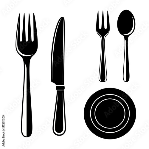 Black and White Silhouette Set of Fork Knife Spoon and Plate.
