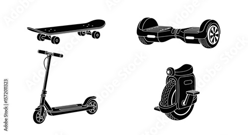 Black Silhouette Illustrations of Skateboard Scooter Hoverboard and Unicycle.