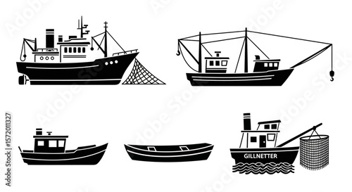 Black and White Fishing Boats Vector Illustration Set.