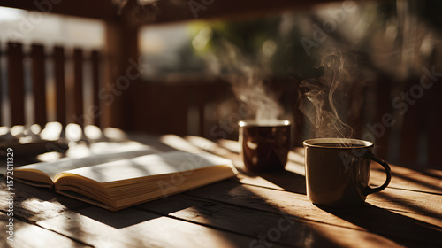 Serene Morning Scene with Coffee Cups and Open Book on Table