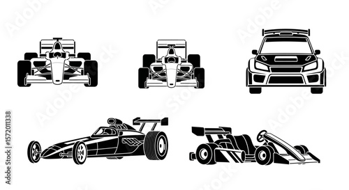 Black and White Formula Racing Cars in Various Front and Side Views.