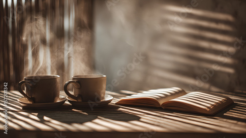 Steaming Coffee Cups Beside Open Book on Sunlit Wooden Table