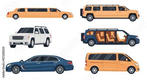 Assorted Vehicles: Limousine SUV Sedan and Van in Flat Style.
