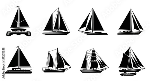 Black and White Sailboat Silhouettes Depicting Various Sailing Vessels.