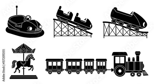 Black Silhouette Train with Multiple Cars Wheels and Smokestack.