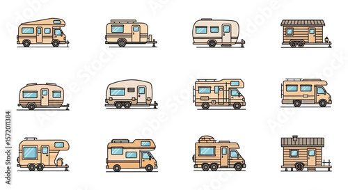 Collection of Stylized Beige and Brown Camper Vans and Trailers.