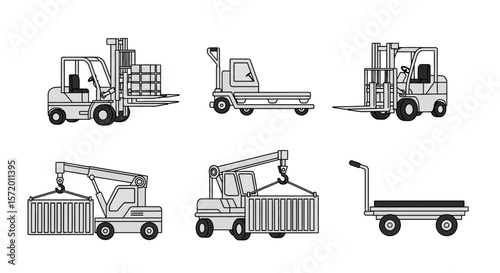 Collection of Gray Industrial Vehicles: Forklifts Pallet Truck Crane and Hand Truck.