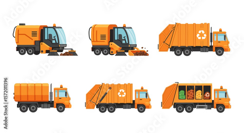 Orange Street Cleaning and Garbage Trucks Collection Set.