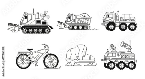 Black and White Line Art Illustration of Various Vehicles: Snowplow Dump Truck Bicycle and More.