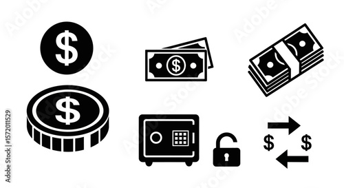 Collection of Black and White Currency Icons: Dollar Sign Bills Coins Safe and Transaction Arrows.