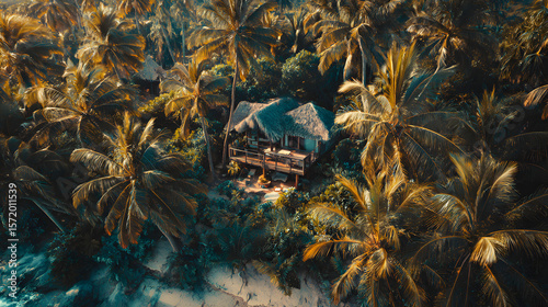 Secluded Beach House Surrounded by Lush Palm Trees at Sunset