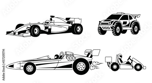 Black and White Racing Cars and Go-Kart Illustration Set.
