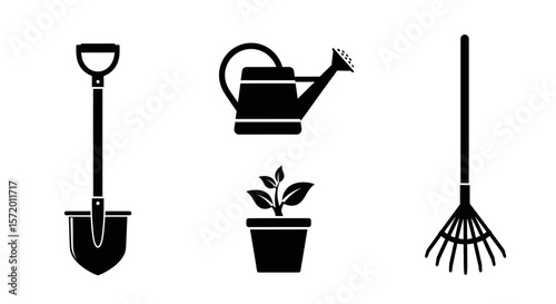 Black Shovel with D-Shaped Handle Gardening Tool Silhouette.