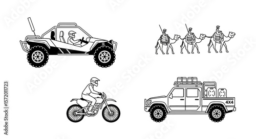 Black and White Off-Road Vehicles and Camels Line Art Illustration.