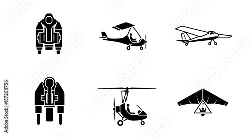 Collection of Black and White Aviation Icons: Planes Gyrocopters and Hang Glider.