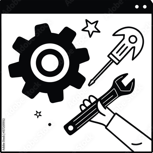 Hand holding wrench, gear, screwdriver, minimalist black and white website repair concept illustration.