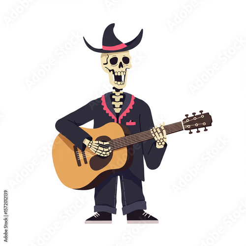 Playful Skeleton Musician: Flat Vector Illustration for Creative Projects.