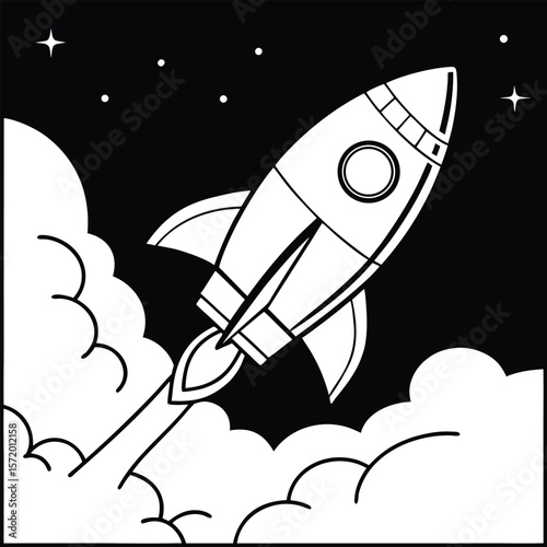 Retro Rocket Launching into Space: Black and White Cartoon Illustration