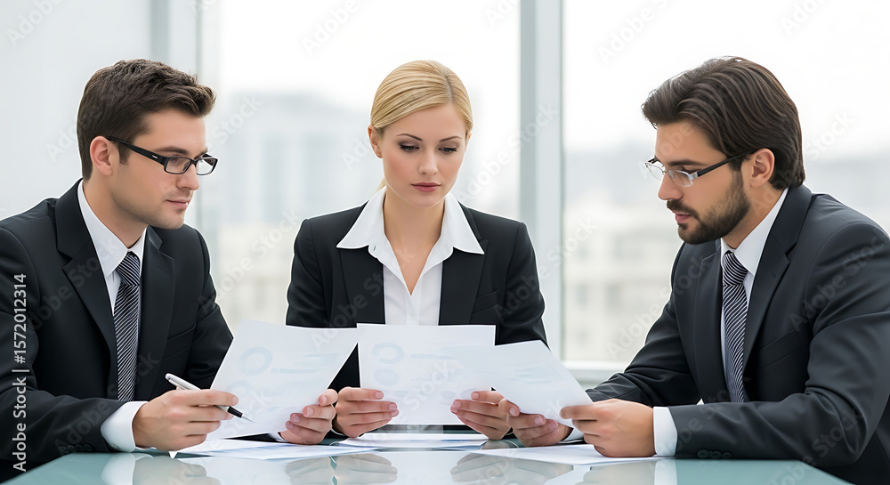 Three professionals in a serious discussion during a meeting, examining documents. Three professionals in a serious discussion during a meeting, examining documents.