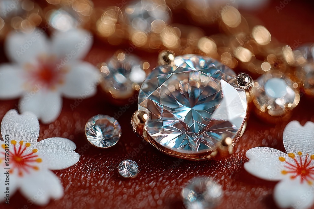 Fototapeta premium Close up of sparkling diamonds and white cherry blossoms on a textured surface
