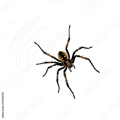 Detailed flat vector illustration of spider on web, isolated on white background.
