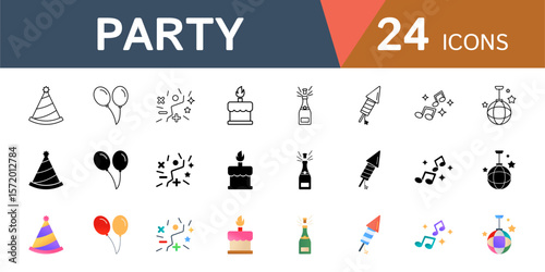 A trendy party-themed web icon set. Design symbols for hats, balloons, confetti, fireworks, and more.
