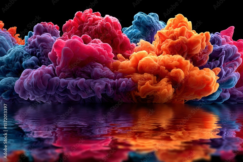 Fototapeta premium Vibrant swirling colors of ink in water creating abstract smoke like formations with reflections
