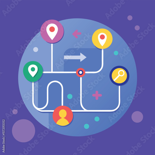 Abstract navigation concept featuring a route map with pins indicating direction and user journey in a stylized design