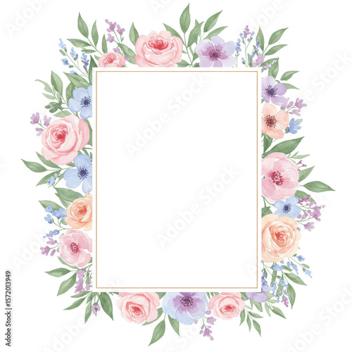 Bright and colorful botanical floral frame with multiple flower types for design use isolated on a transparent background, png, cutout