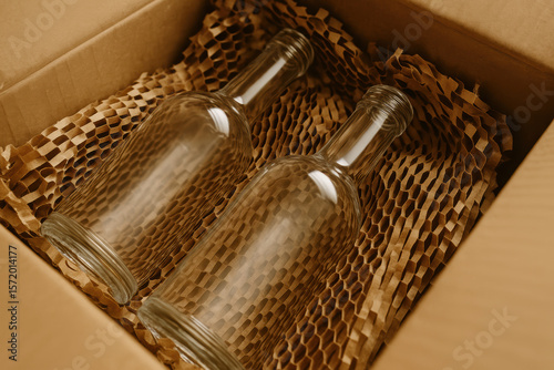 Two empty glass bottles in eco friendly packing material inside cardboard box