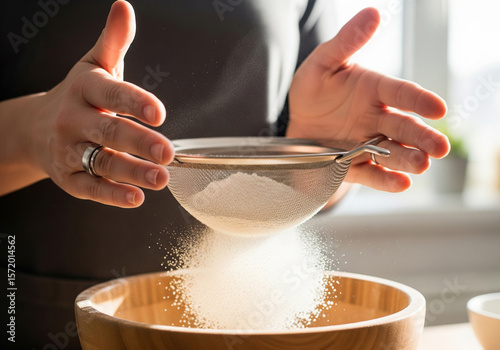 Hands sifting flour into a bowl, a fundamental step in baking.