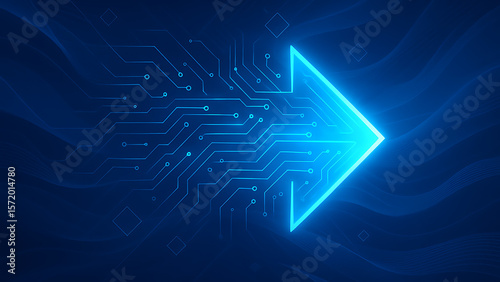 high-tech circuit arrow glowing with direction lines on blue digital background illustrating future interface and progress in motion concept