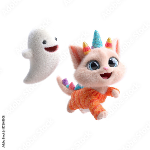 Adorable Kitten in Halloween Costume with Friendly Ghost