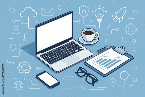 vector illustration of digital workspace showing laptop smartphone graph coffee cup and security icons in connected cloud technology setup